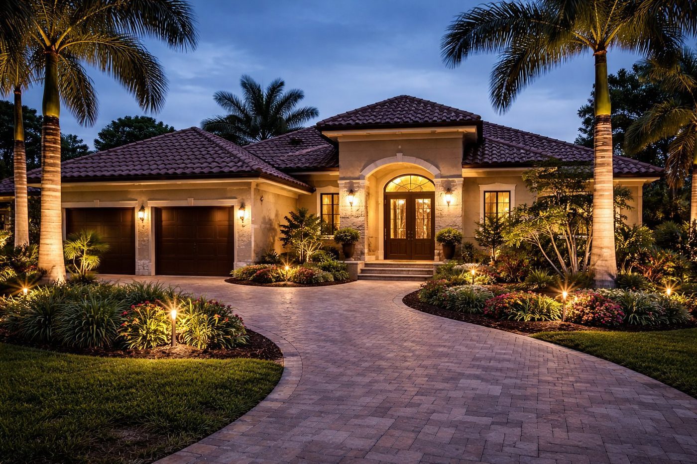 Professional exterior and landscape lighting installation on a luxury home at dusk by Apex Garage & Exterior Solutions