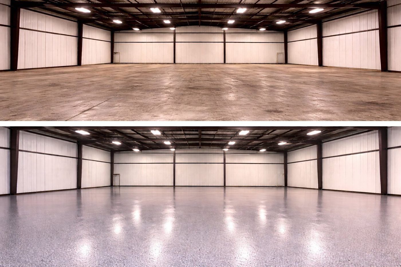 Warehouse floor coating — before bare concrete and after polyaspartic coating by Apex Garage & Exterior Solutions
